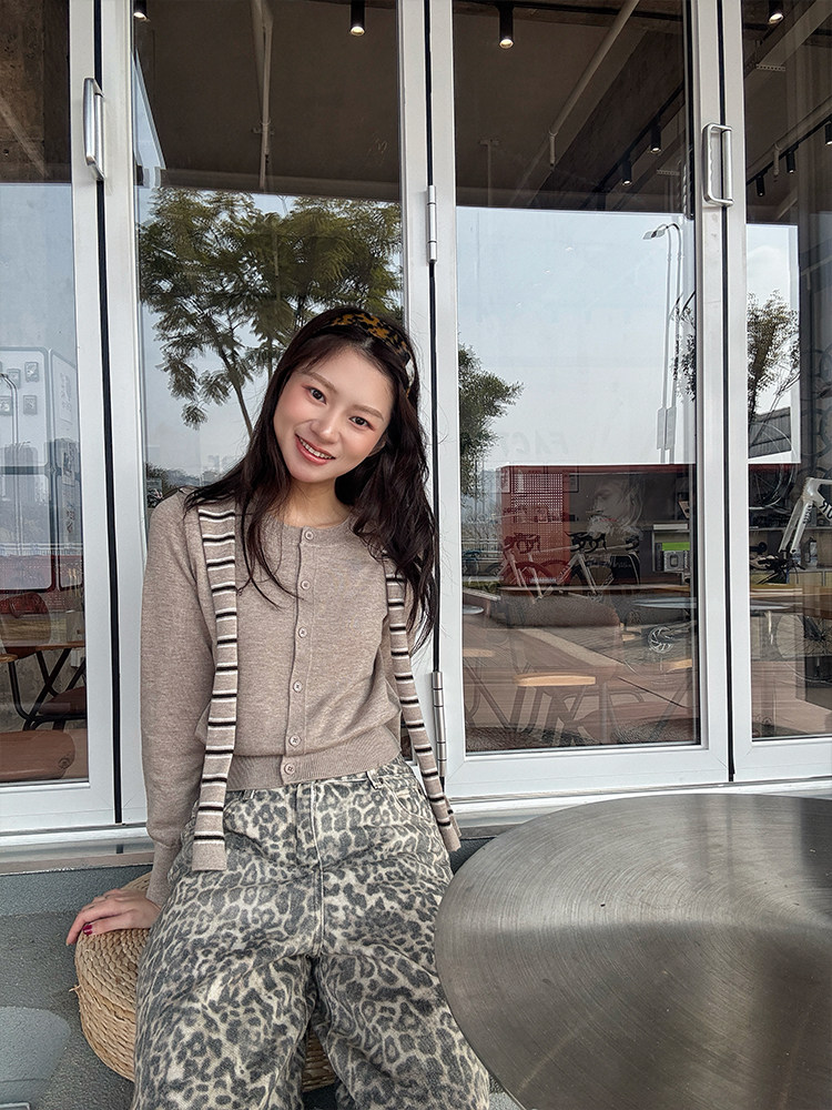LK-103 Wool Cardigan — striped, ribbed, crew neck, soft touch view 2