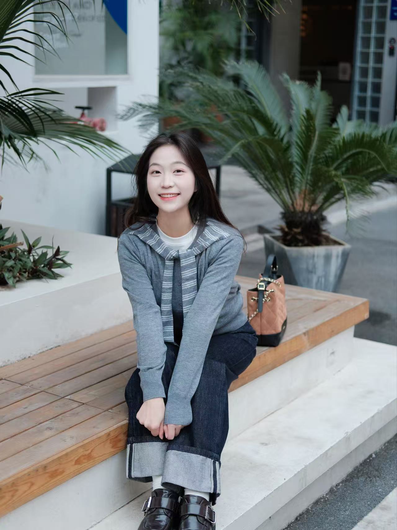 LK-103 Wool Cardigan — striped, ribbed, crew neck, soft touch view 3
