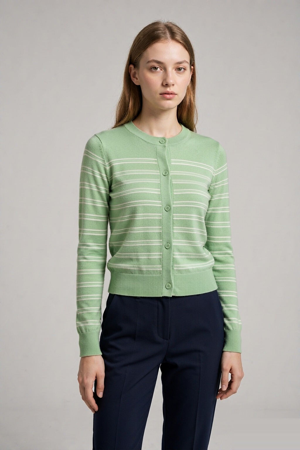 LK-103 Wool Cardigan — striped, ribbed, crew neck, soft touch