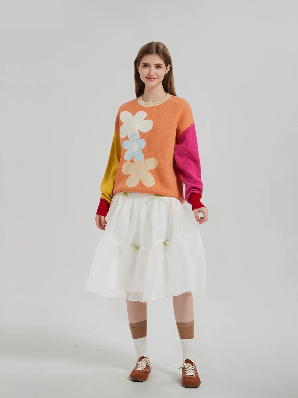 LK-106 Knit Sweater — panelled, color-block, dropped shoulder, warm detail