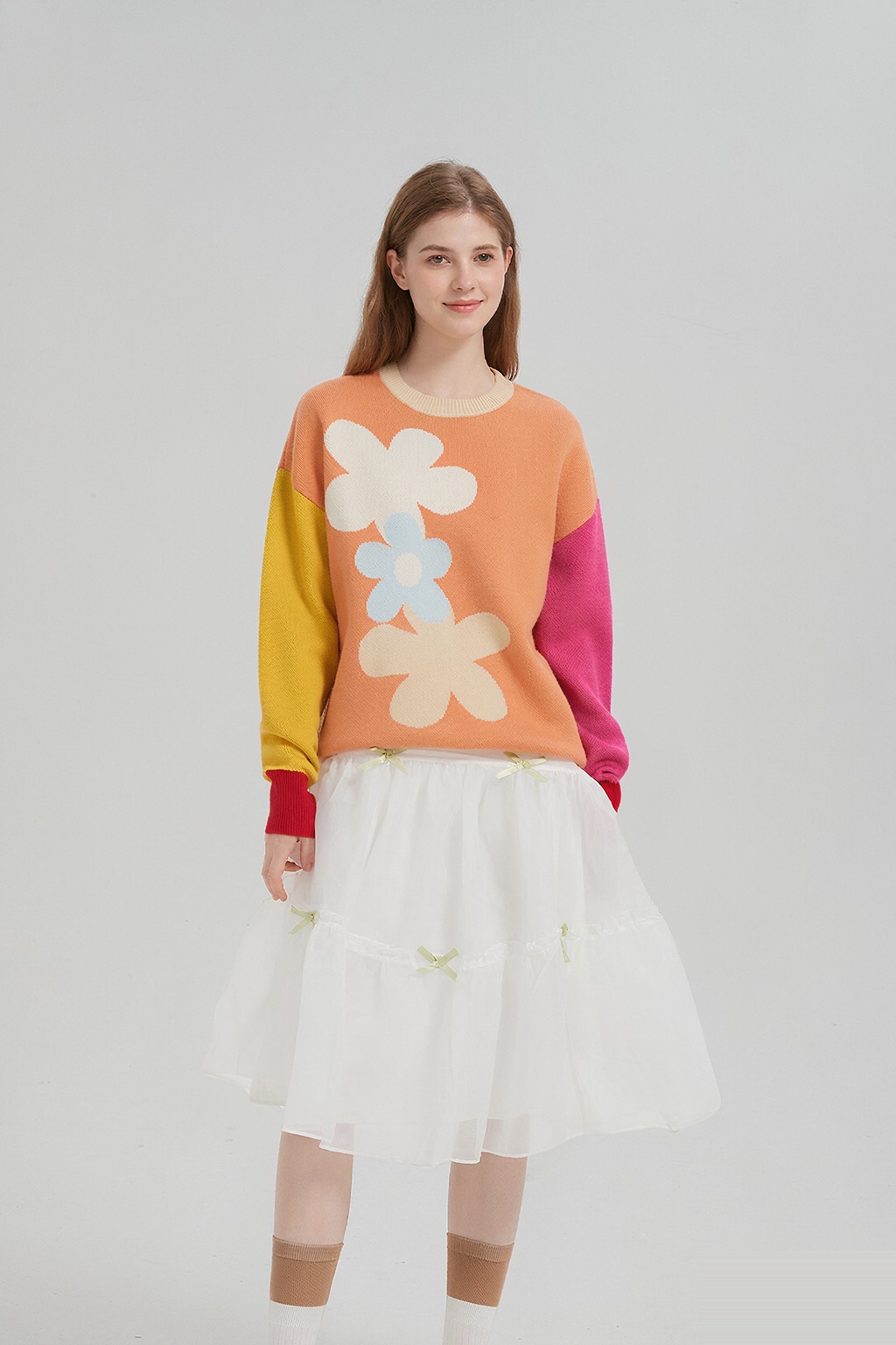 LK-106 Knit Sweater — panelled, color-block, dropped shoulder, warm