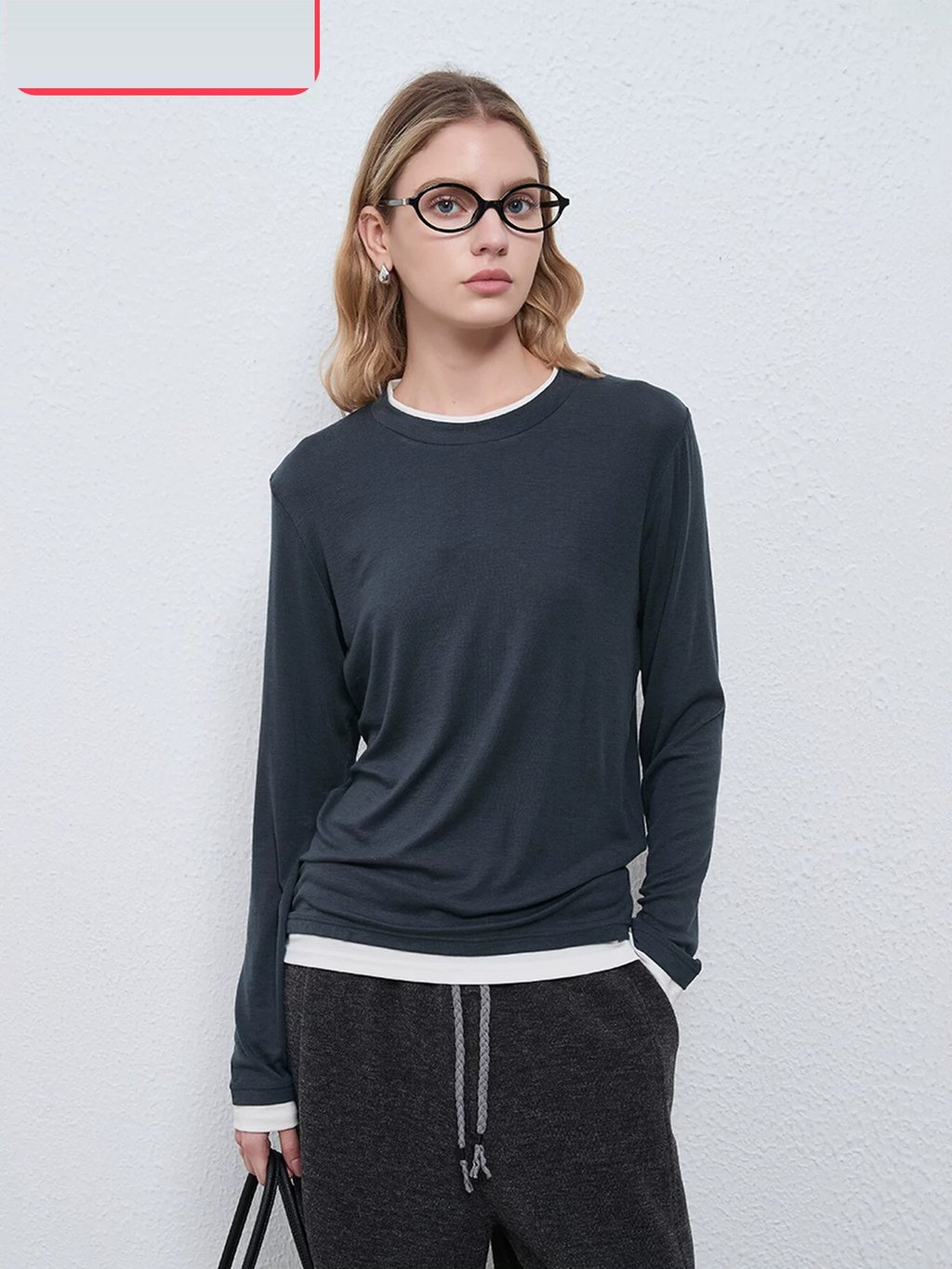 LK-107 Tencel Knit Sweater — two-piece look, panelled, color-block, crew neck detail