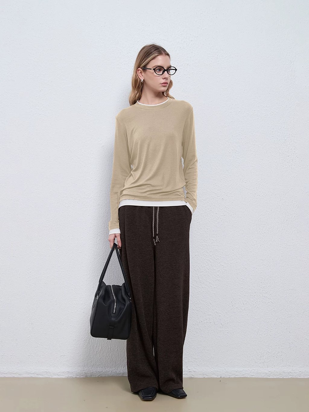 LK-107 Tencel Knit Sweater — two-piece look, panelled, color-block, crew neck view 3