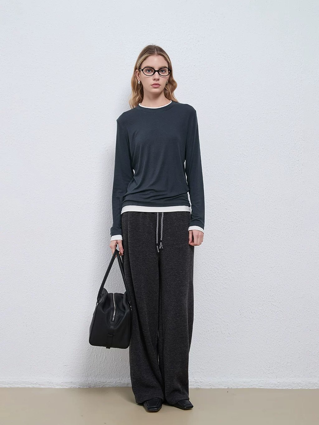 LK-107 Tencel Knit Sweater — two-piece look, panelled, color-block, crew neck view 4