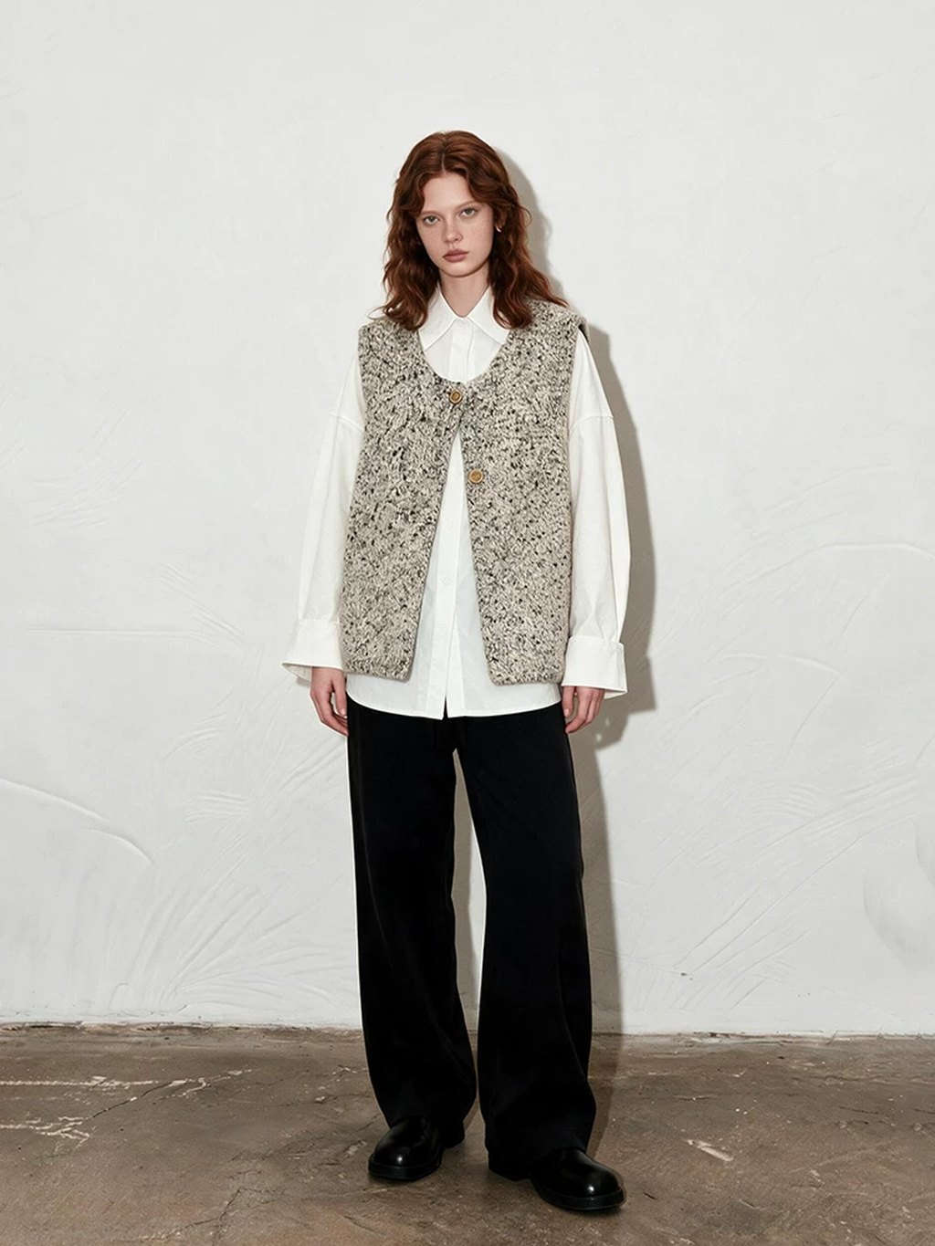 LK-109 Vest — textured, crew neck, dropped shoulder, side slit detail