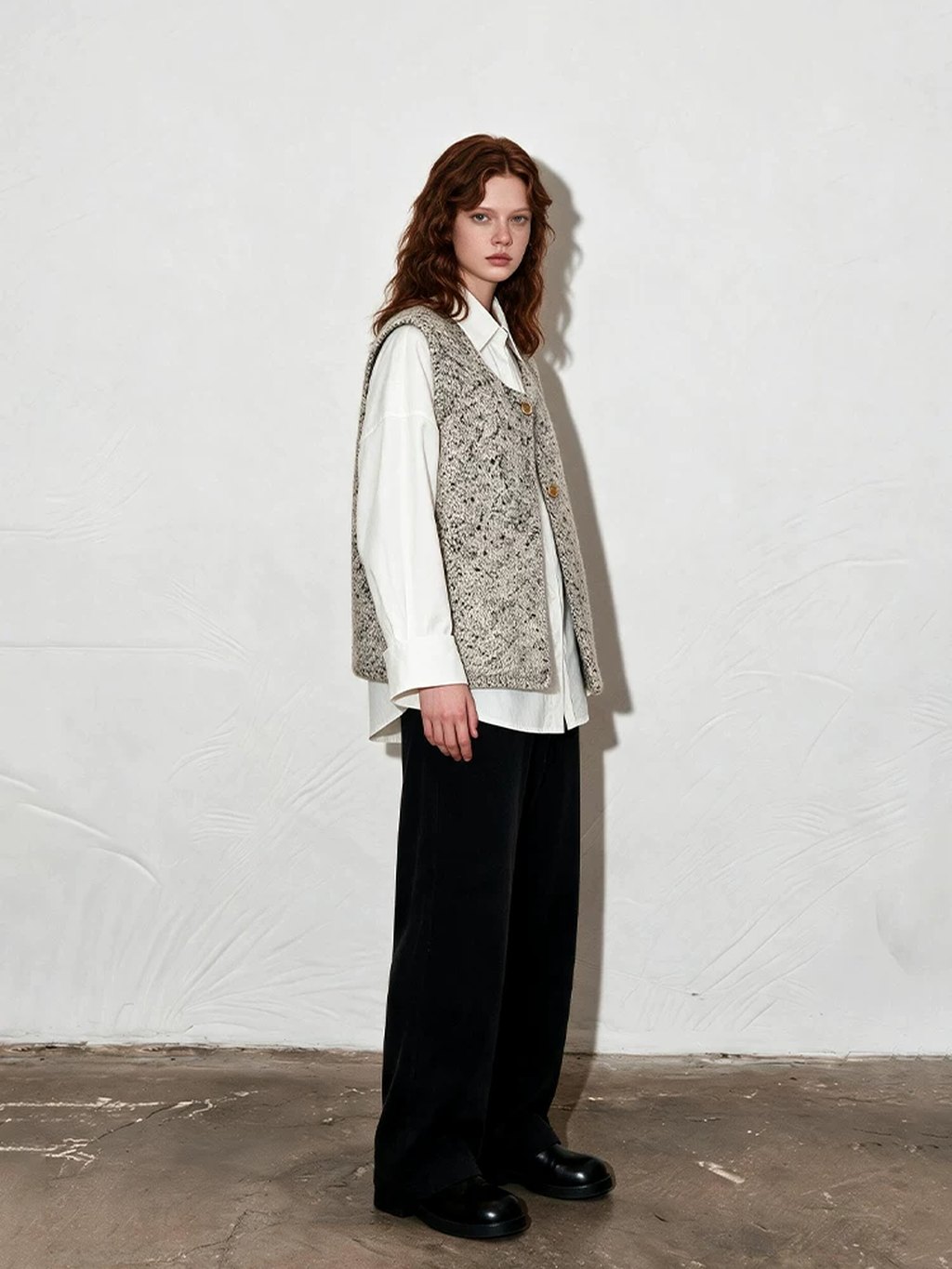 LK-109 Vest — textured, crew neck, dropped shoulder, side slit view 3