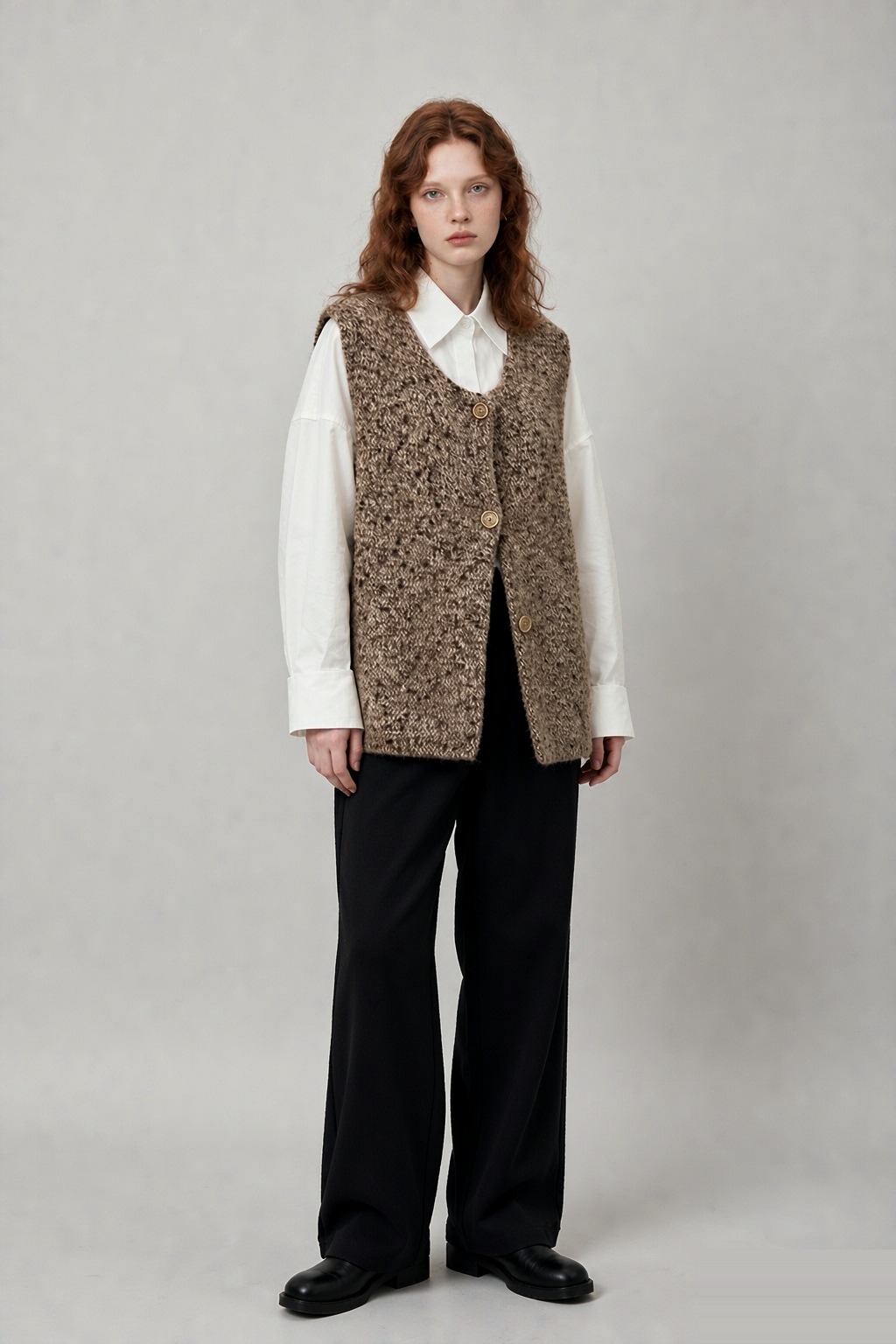 LK-109 Vest — textured, crew neck, dropped shoulder, side slit