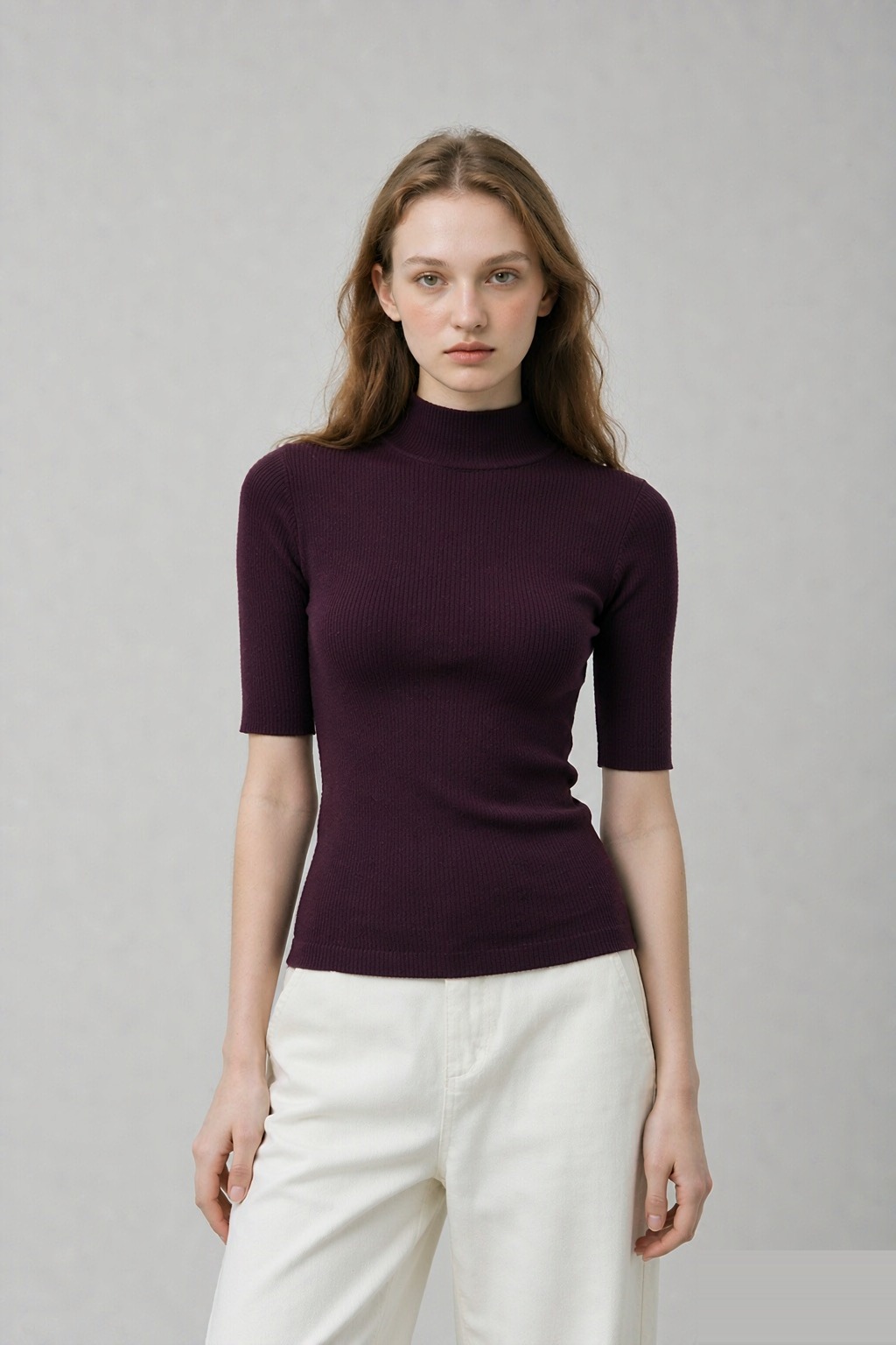LK-111 Wool Top — high collar, mock neck, slim fit, solid