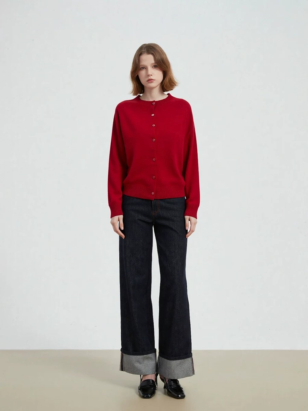 LK-113 Wool Cardigan — panelled, crew neck, loose fit, plush detail