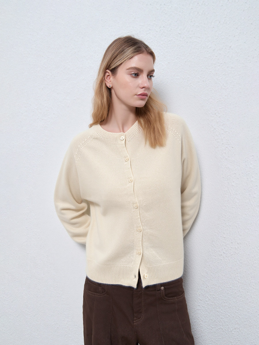 LK-113 Wool Cardigan — panelled, crew neck, loose fit, plush view 2