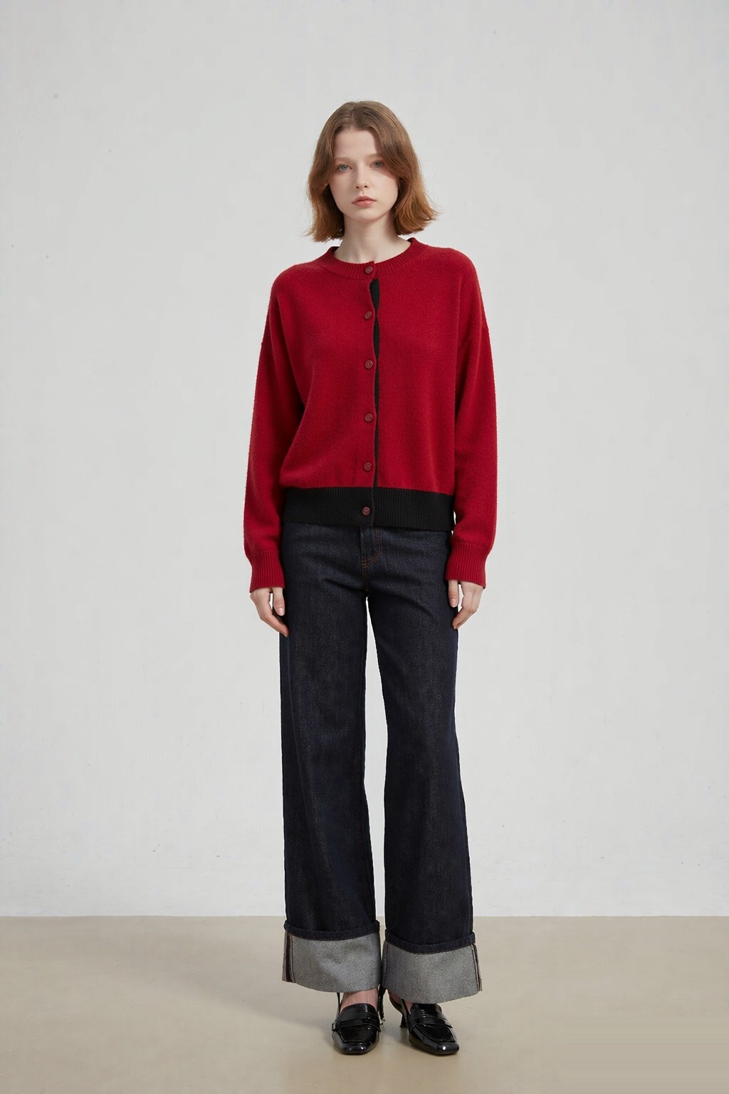 LK-113 Wool Cardigan — panelled, crew neck, loose fit, plush