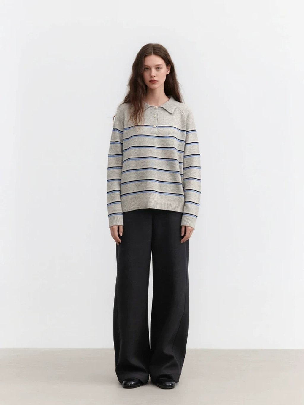 LK-115 Pure Wool Top — multi-stripe, soft touch, office-ready view 3