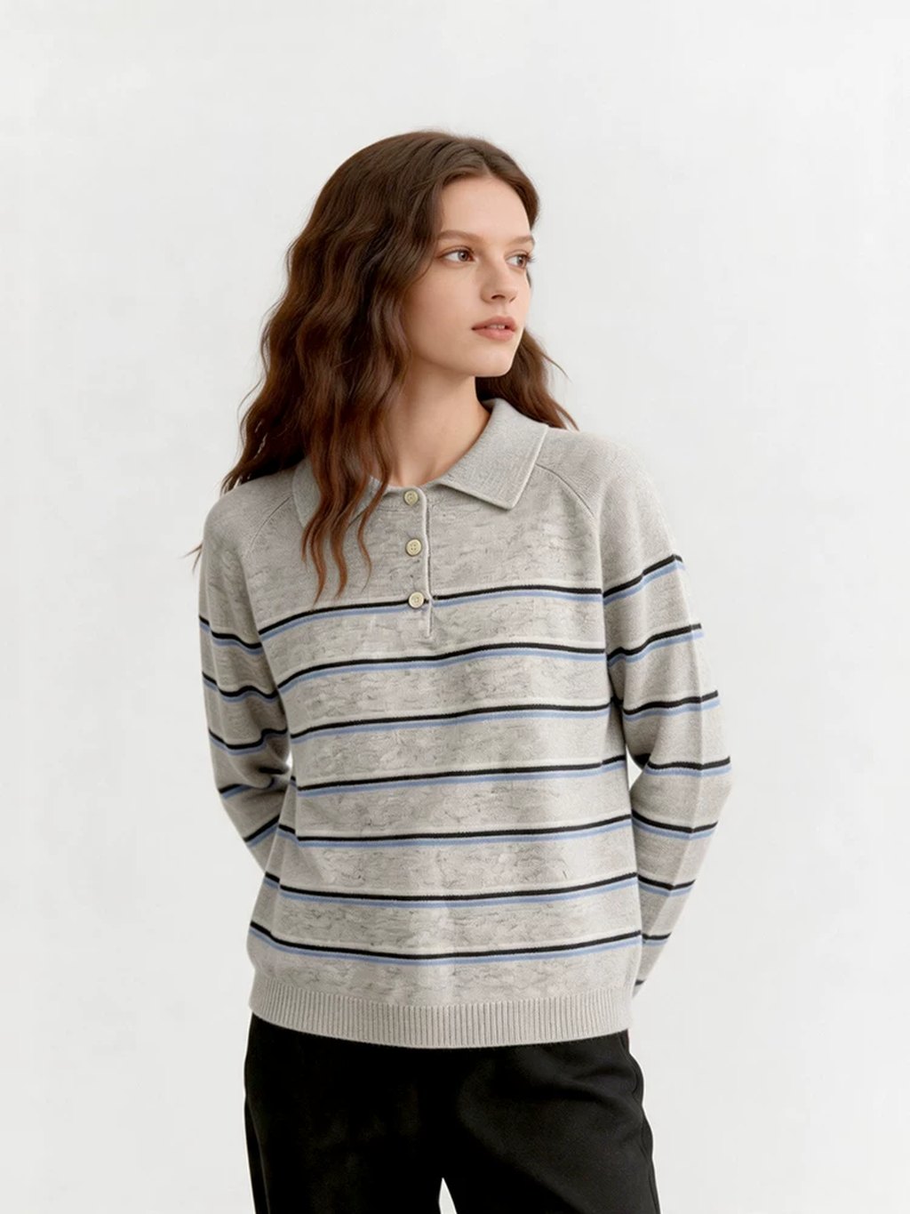 LK-115 Pure Wool Top — multi-stripe, soft touch, office-ready view 4