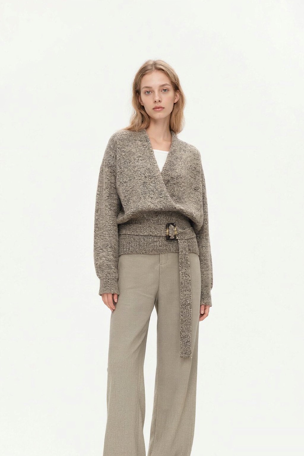 LK-116 Top — V-neck, wrap front, belted, soft touch