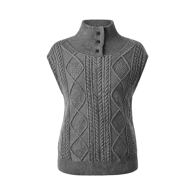 LK-117 Vest — cable, high collar, stand collar, buttoned view 2