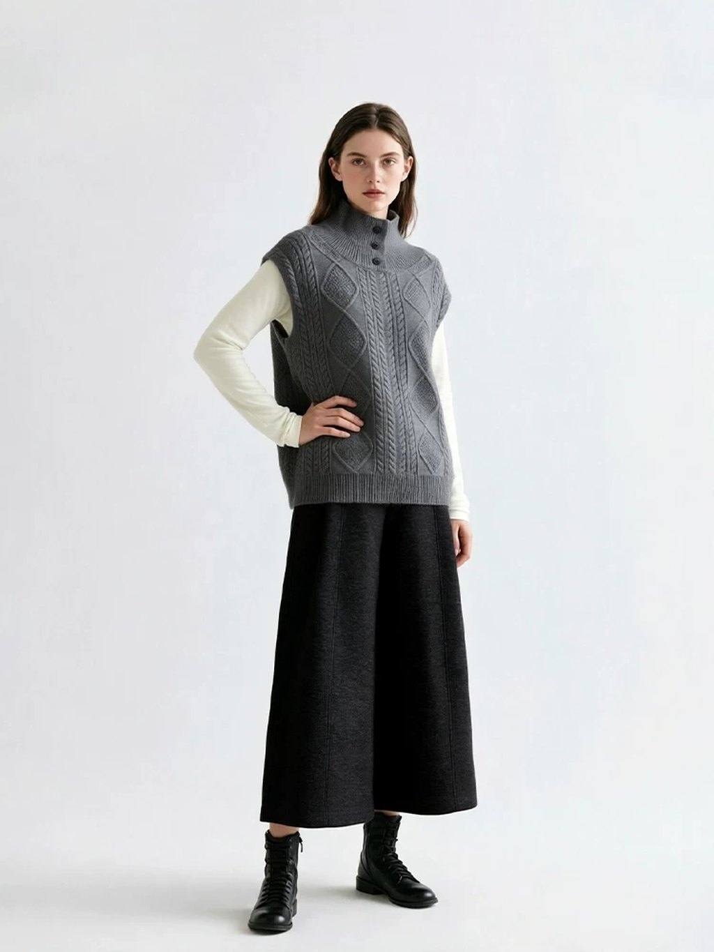 LK-117 Vest — cable, high collar, stand collar, buttoned detail