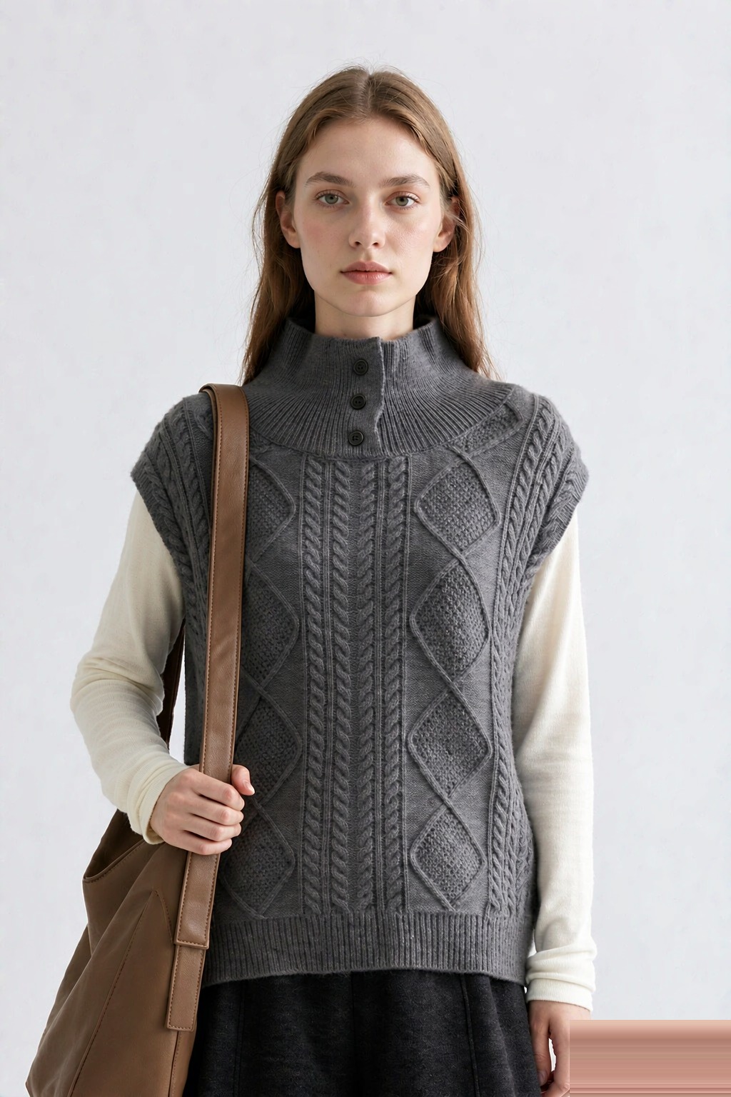 LK-117 Vest — cable, high collar, stand collar, buttoned