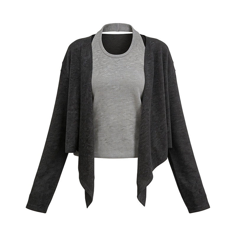 LK-118 Cardigan — two-piece look, color-block, irregular, crew neck view 3