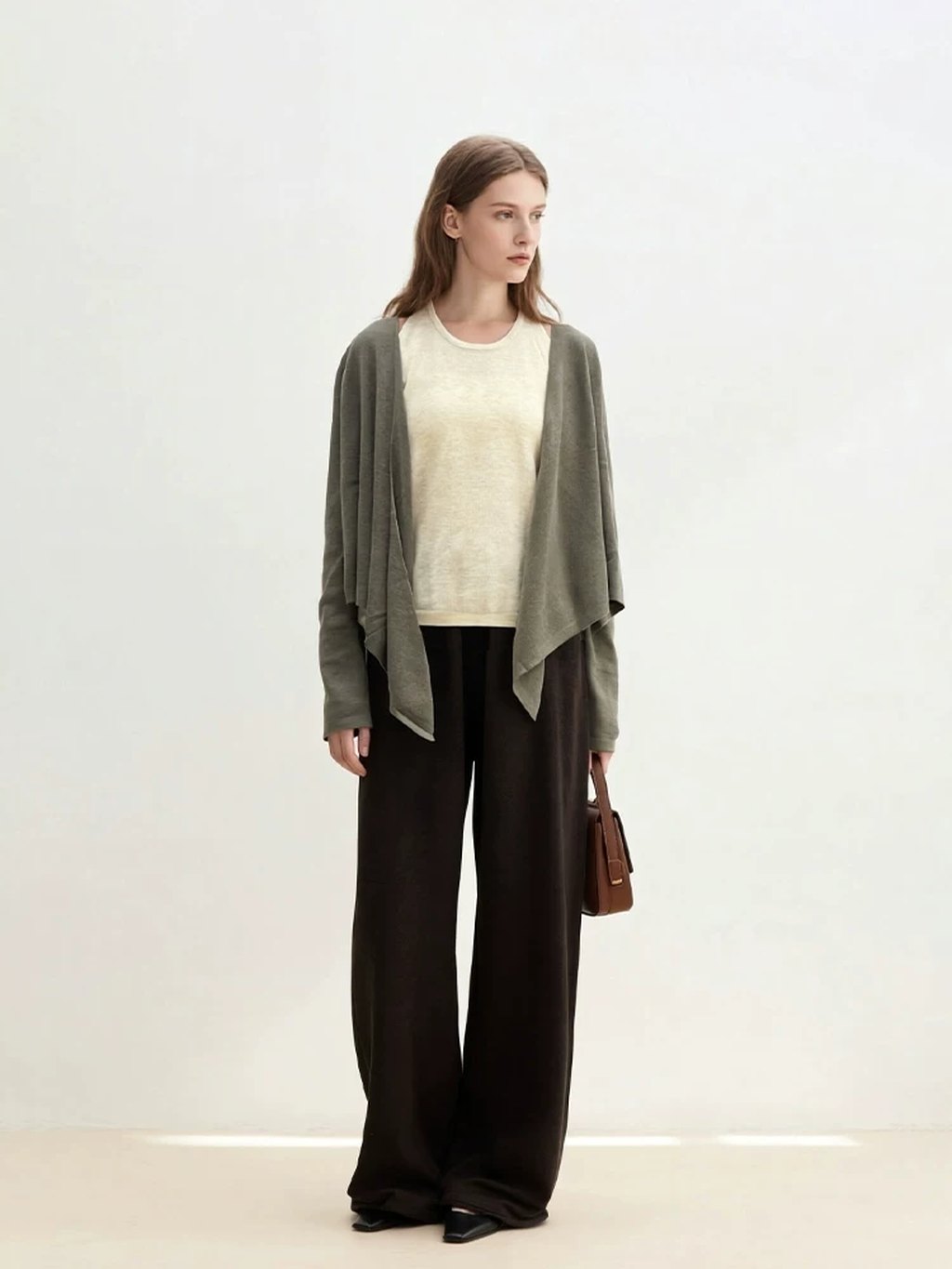 LK-118 Cardigan — two-piece look, color-block, irregular, crew neck detail