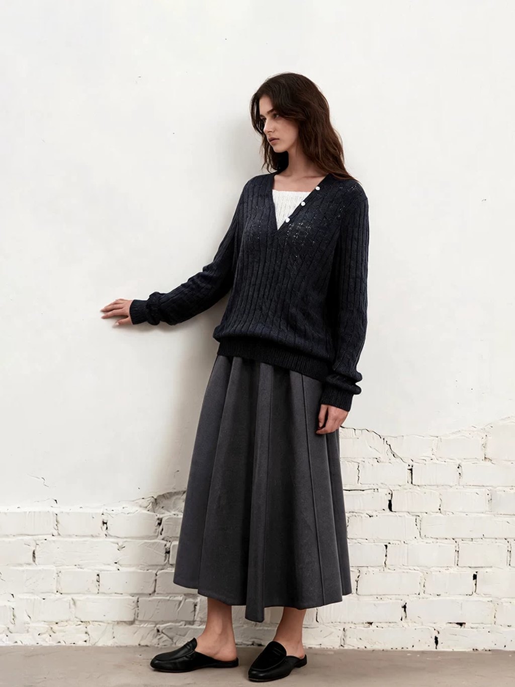 LK-123 Knit Sweater — two-piece look, panelled, color-block, cable view 3
