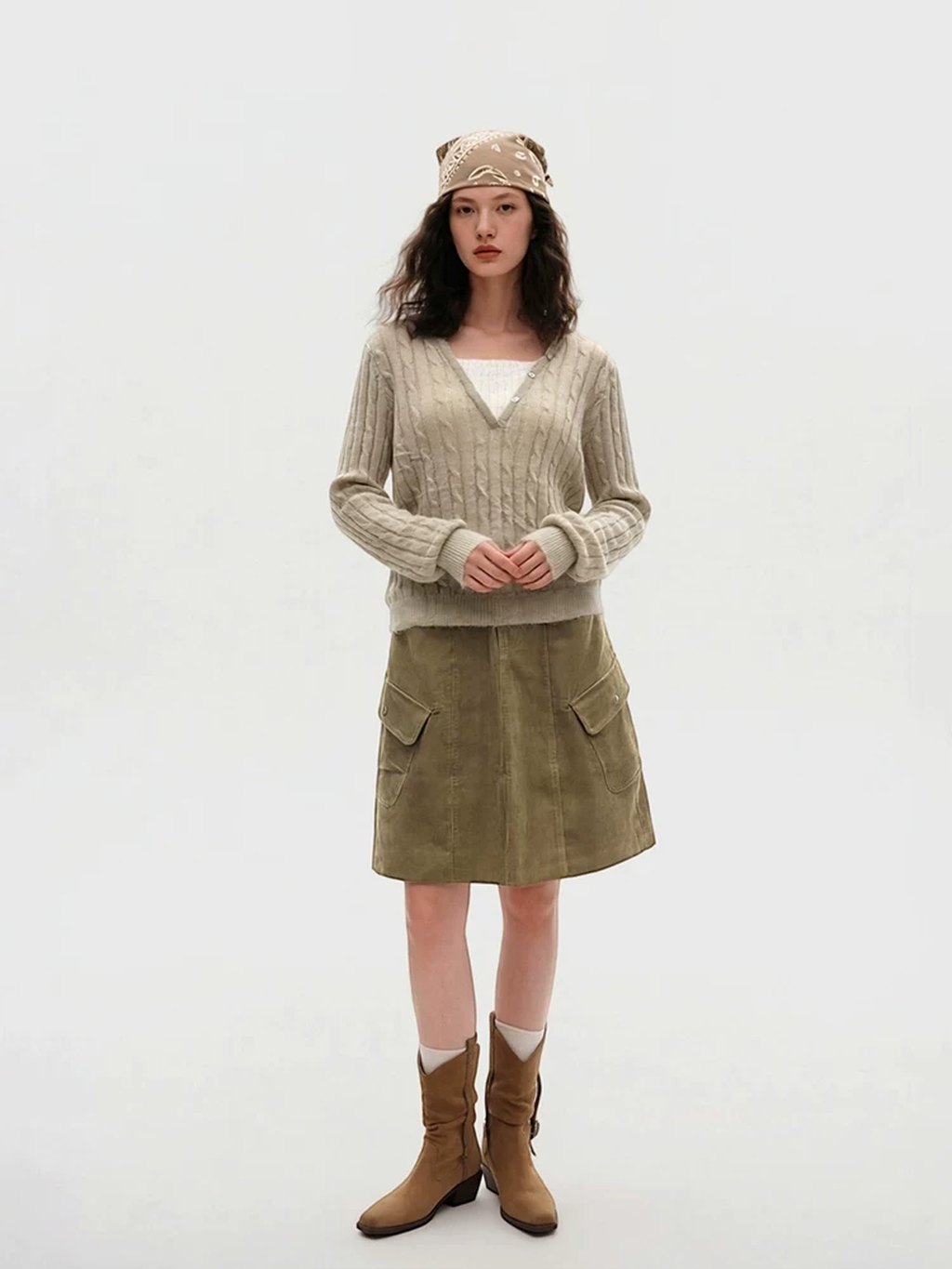 LK-123 Knit Sweater — two-piece look, panelled, color-block, cable