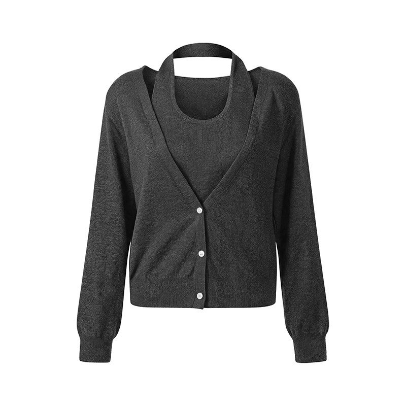 LK-124 Cardigan — two-piece look, textured, V-neck, halter neck view 2