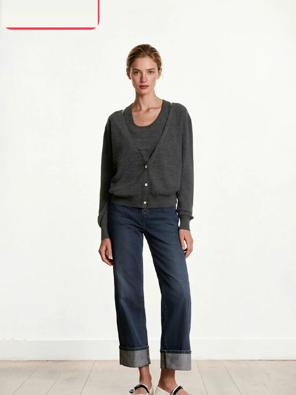 LK-124 Cardigan — two-piece look, textured, V-neck, halter neck detail