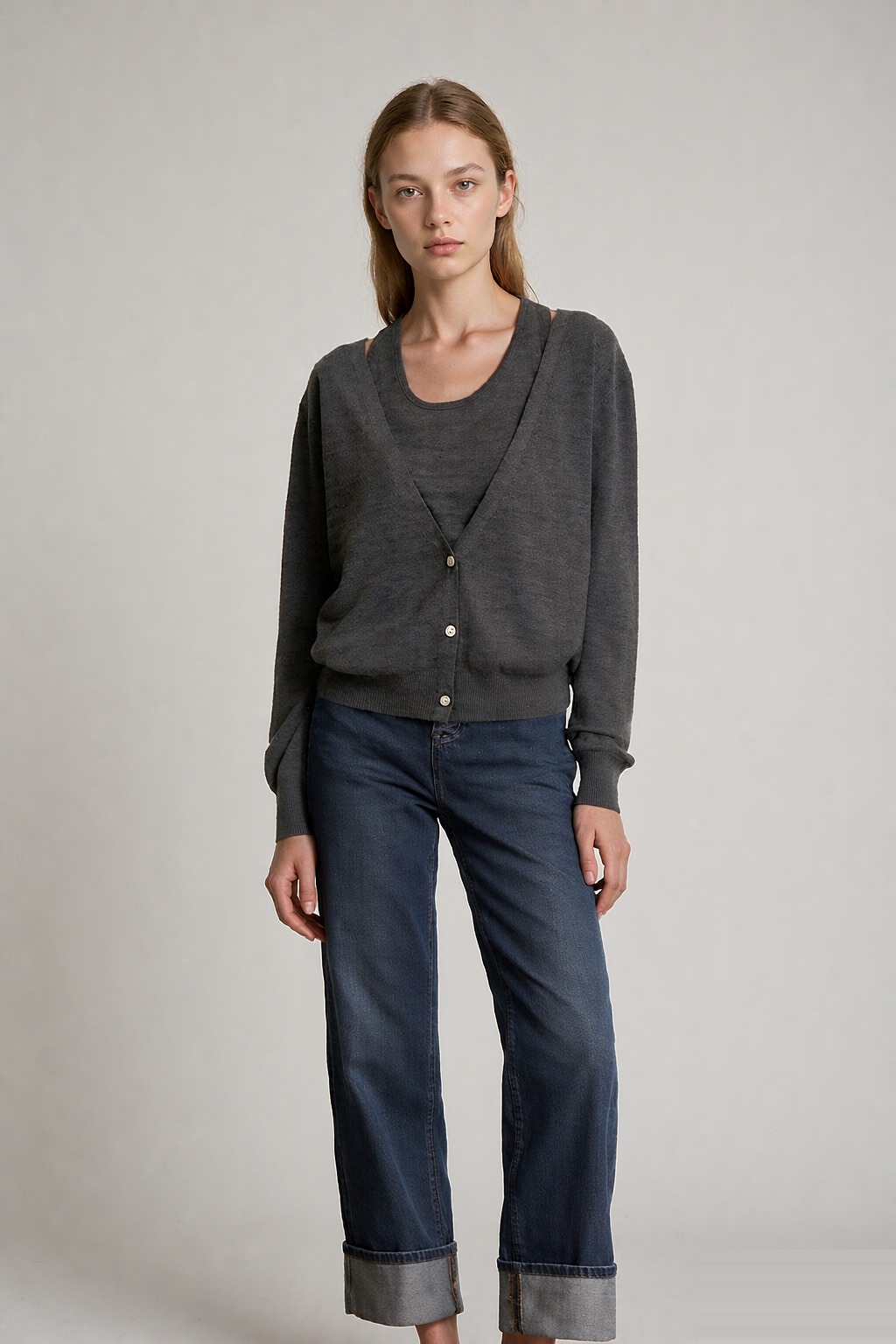 LK-124 Cardigan — two-piece look, textured, V-neck, halter neck