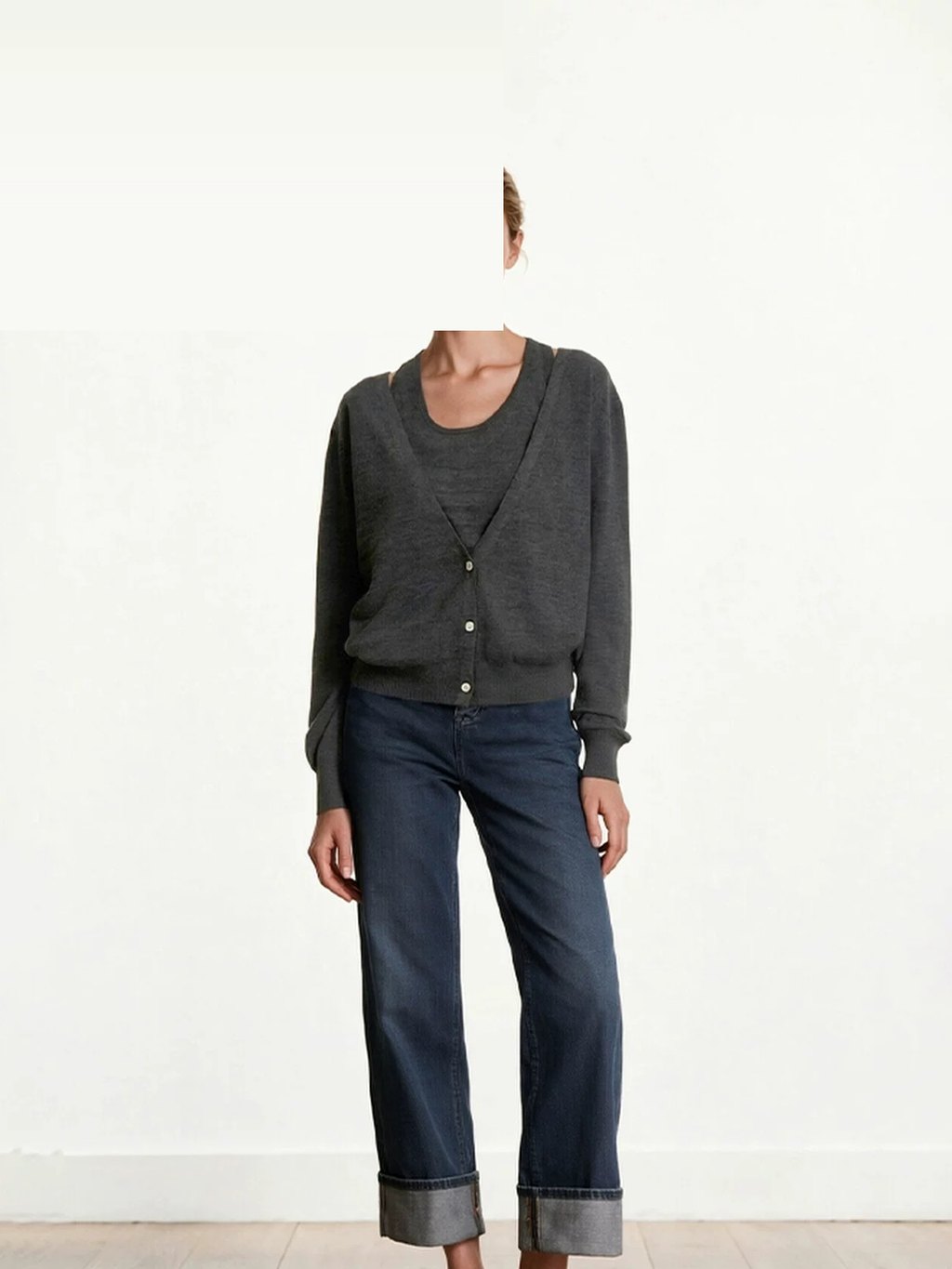 LK-124 Cardigan — two-piece look, textured, V-neck, halter neck