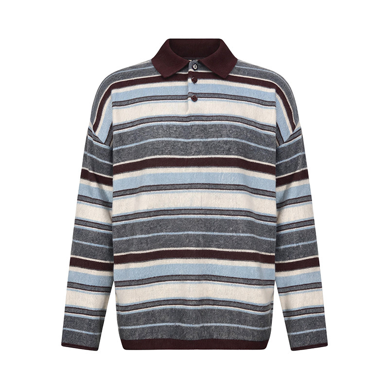 LK-126 Pure Wool Knit Sweater — panelled, color-block, striped, turn-down collar view 2