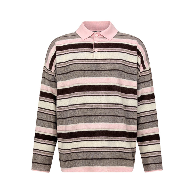 LK-126 Pure Wool Knit Sweater — panelled, color-block, striped, turn-down collar view 3