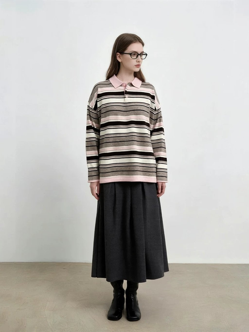 LK-126 Pure Wool Knit Sweater — panelled, color-block, striped, turn-down collar detail