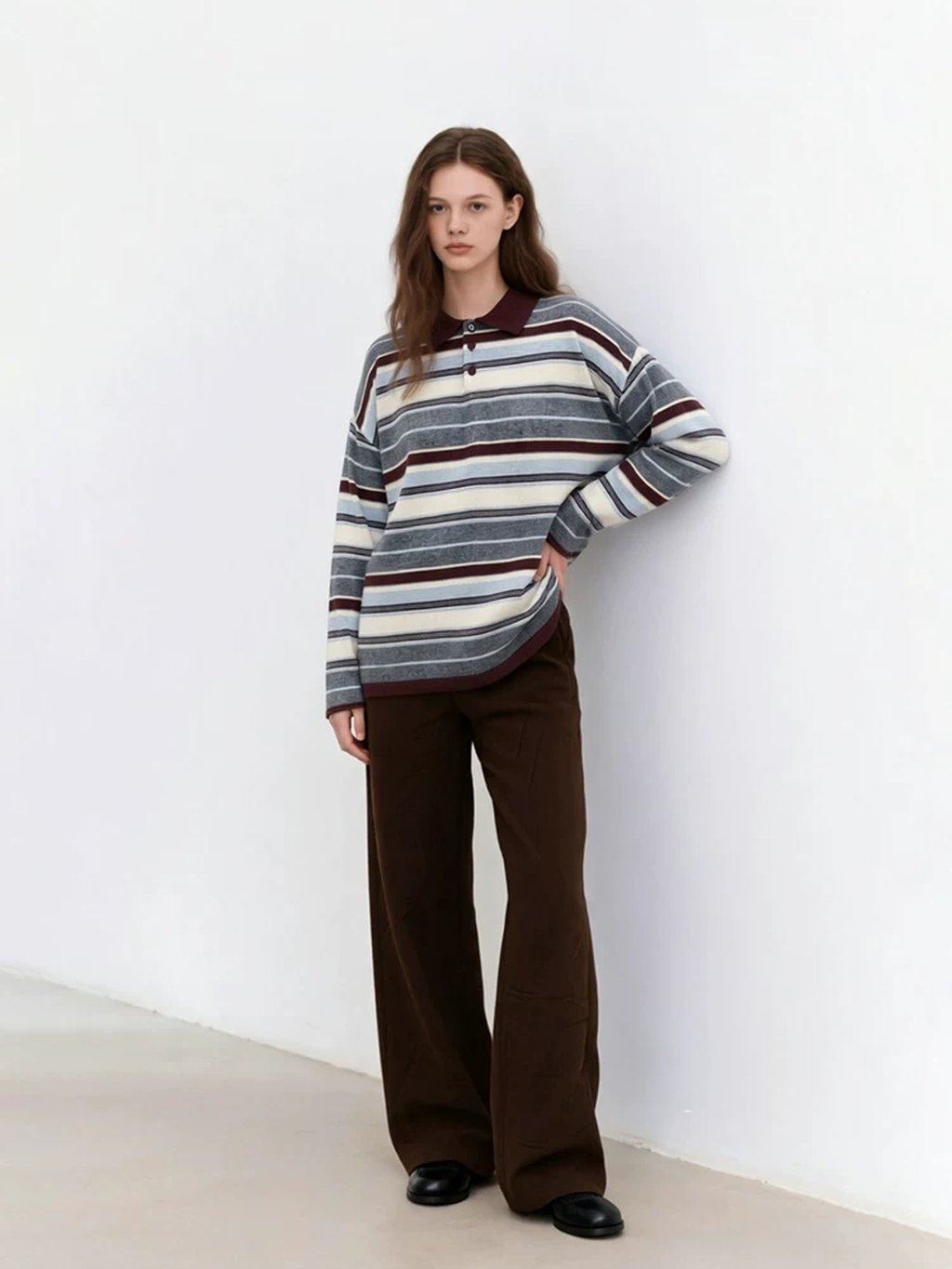 LK-126 Pure Wool Knit Sweater — panelled, color-block, striped, turn-down collar view 3