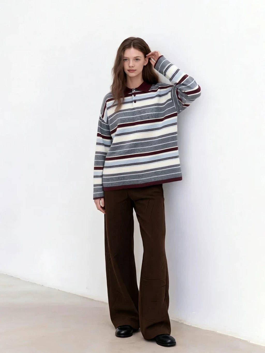 LK-126 Pure Wool Knit Sweater — panelled, color-block, striped, turn-down collar view 4