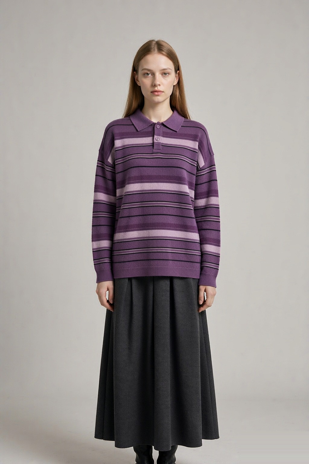 LK-126 Pure Wool Knit Sweater — panelled, color-block, striped, turn-down collar