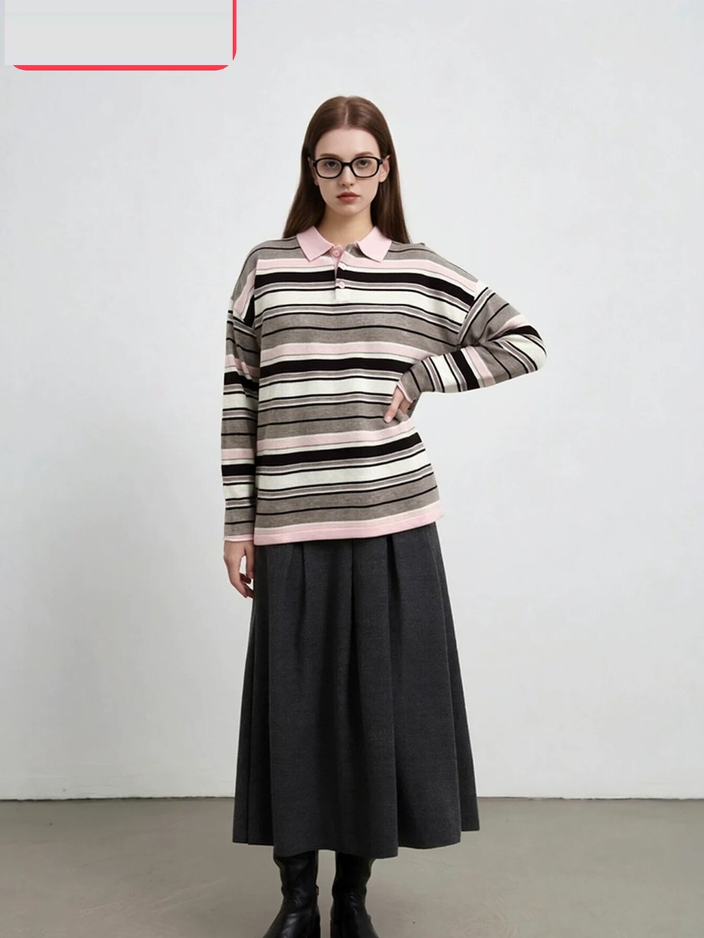 LK-126 Pure Wool Knit Sweater — panelled, color-block, striped, turn-down collar