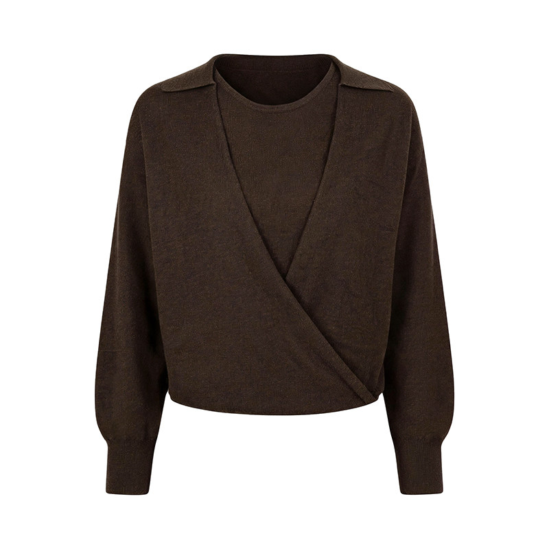 LK-127 Knit Sweater — two-piece look, ribbed, turn-down collar, crew neck view 2