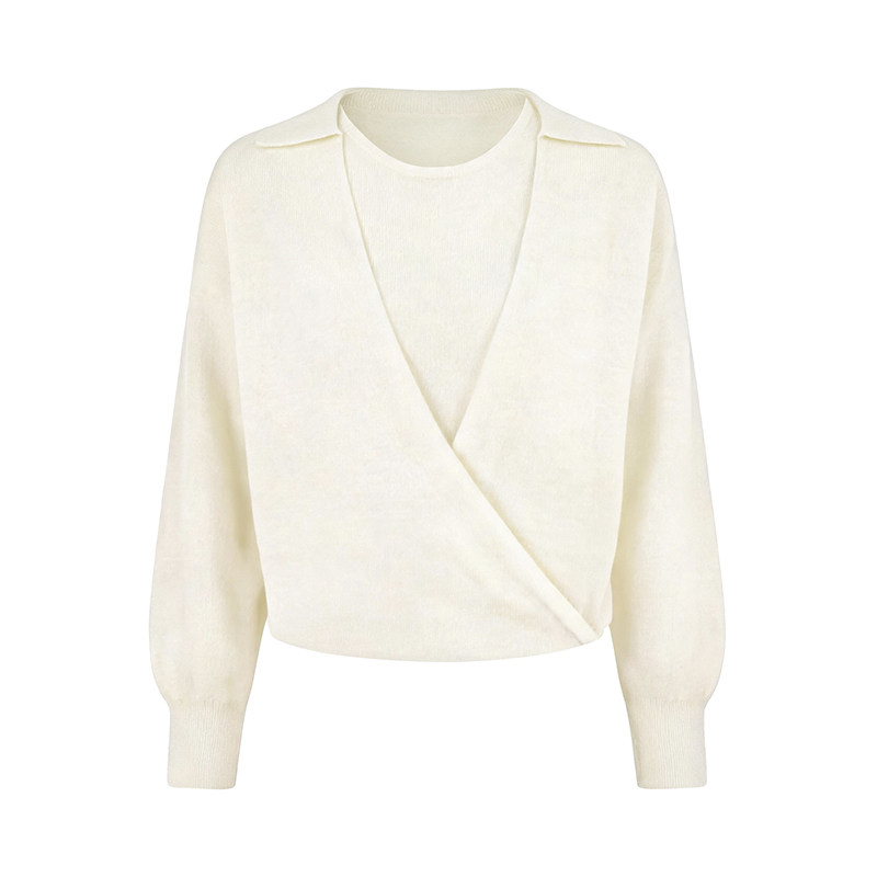 LK-127 Knit Sweater — two-piece look, ribbed, turn-down collar, crew neck view 3