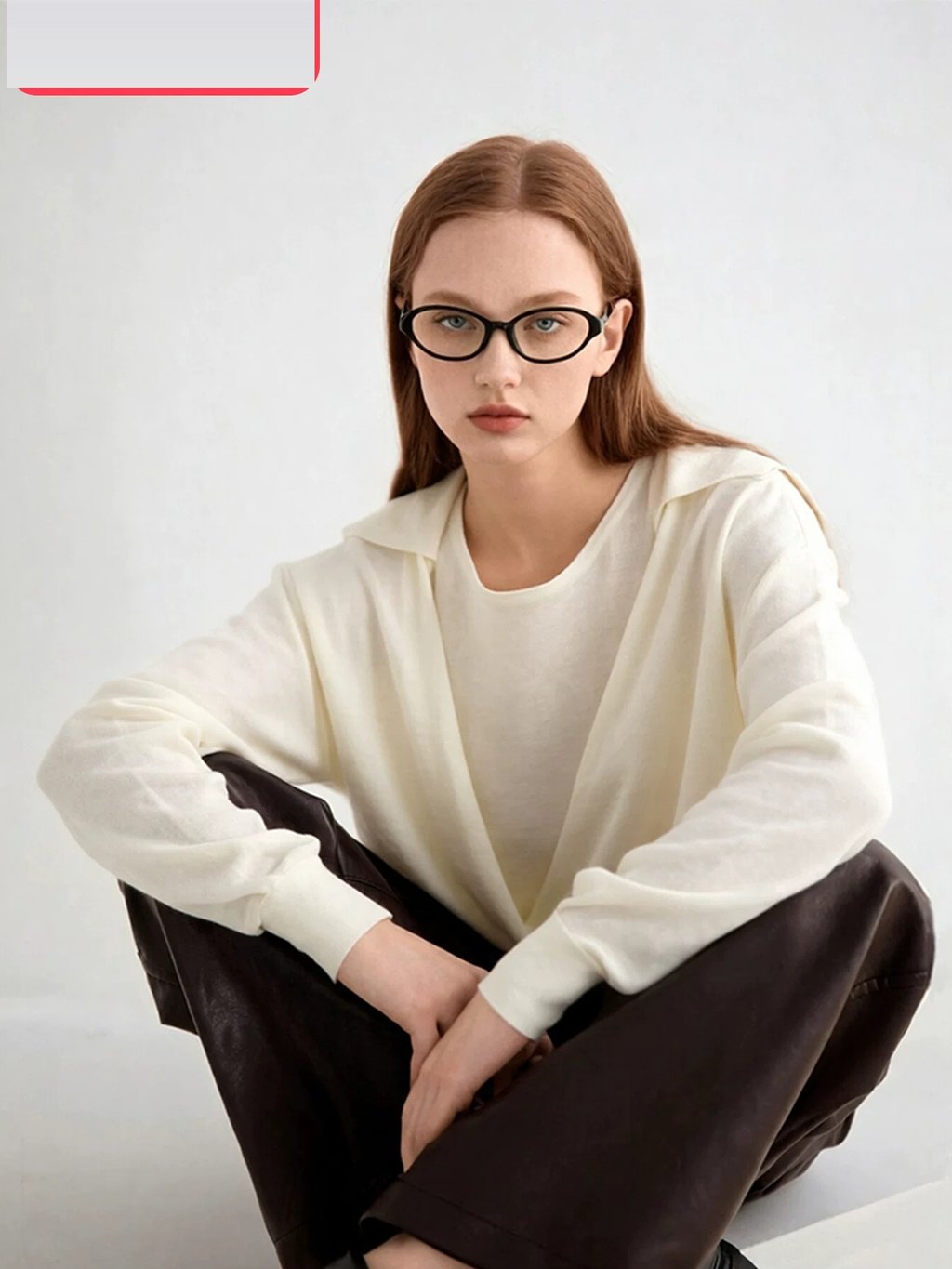 LK-127 Knit Sweater — two-piece look, ribbed, turn-down collar, crew neck detail