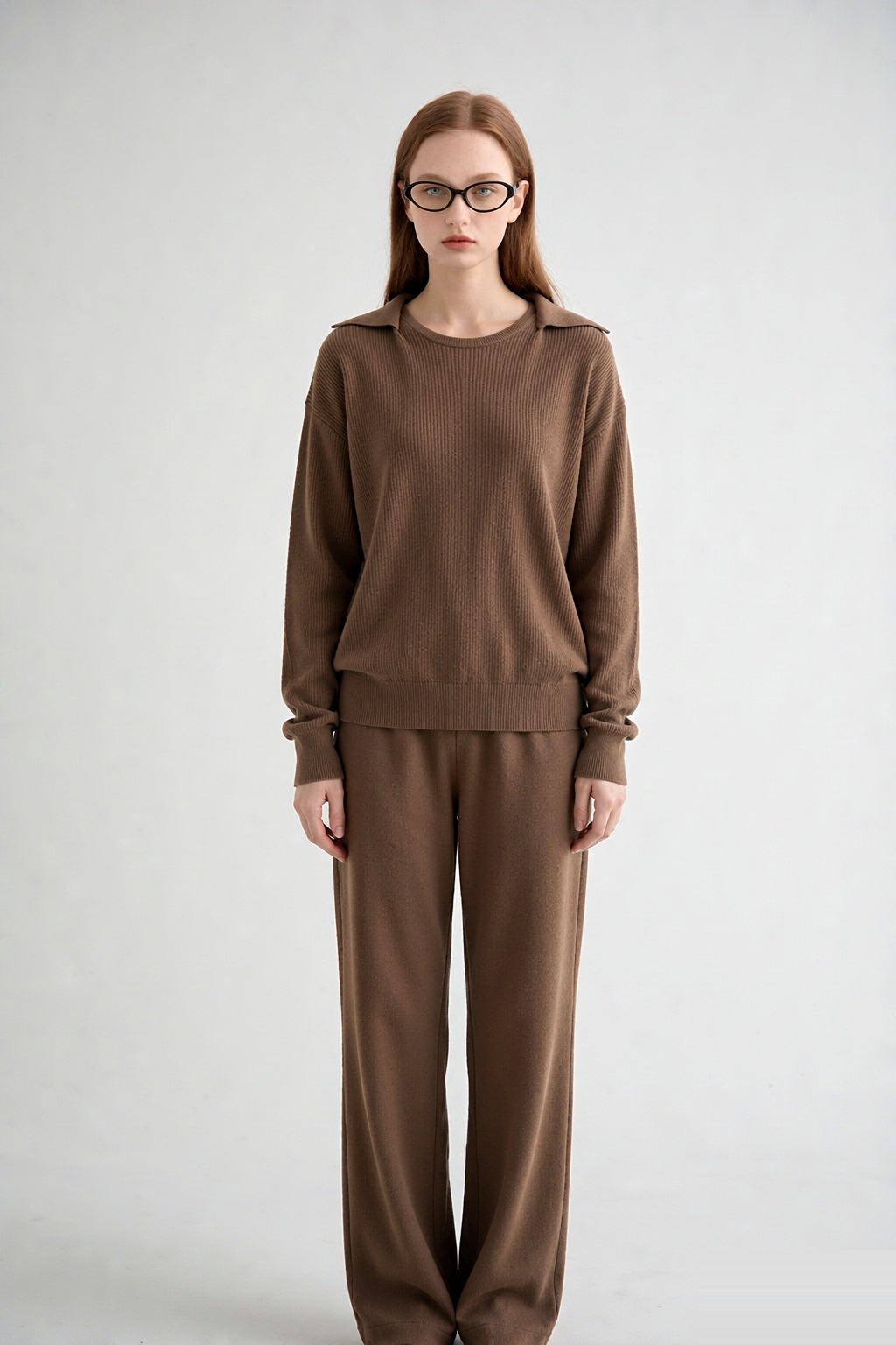 LK-127 Knit Sweater — two-piece look, ribbed, turn-down collar, crew neck