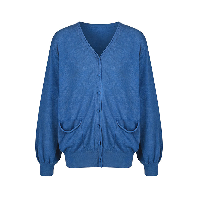 LK-128 Tencel Cardigan — ribbed, V-neck, lantern sleeve, buttoned view 2