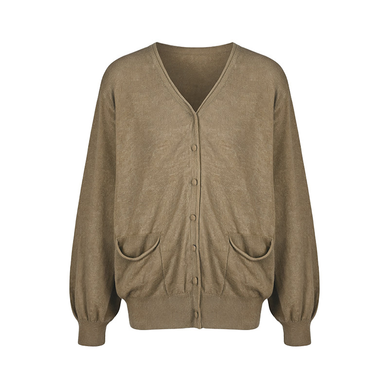 LK-128 Tencel Cardigan — ribbed, V-neck, lantern sleeve, buttoned view 3