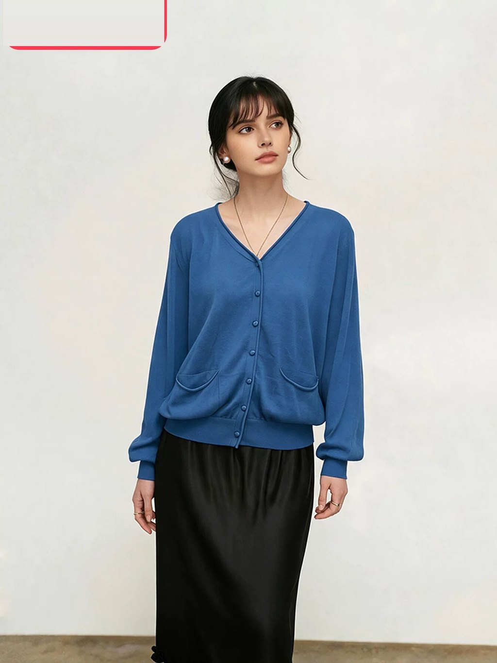 LK-128 Tencel Cardigan — ribbed, V-neck, lantern sleeve, buttoned detail