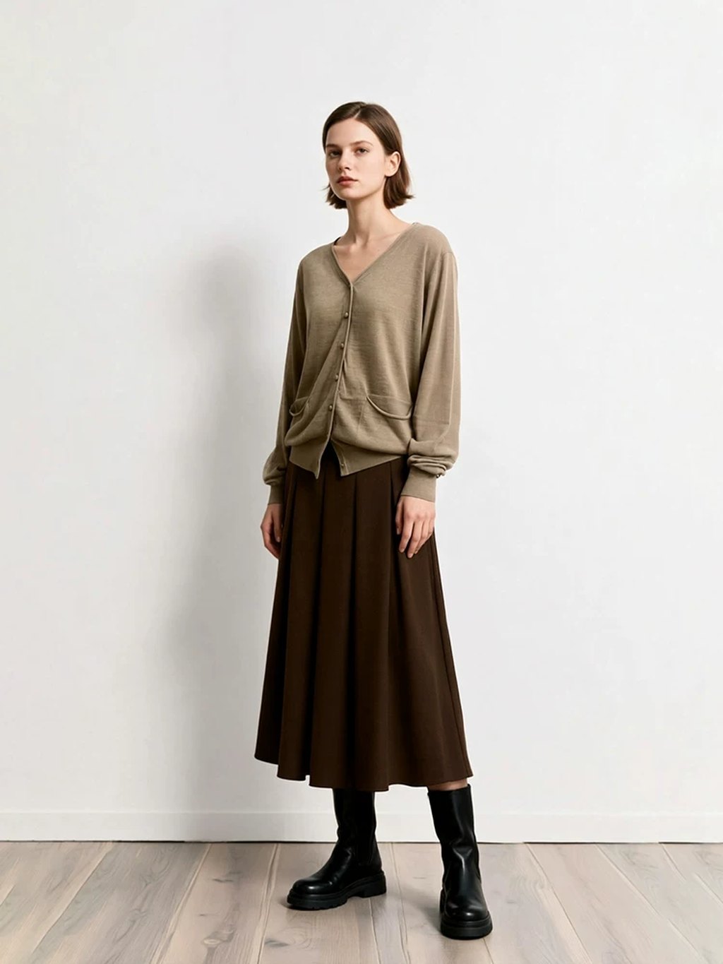 LK-128 Tencel Cardigan — ribbed, V-neck, lantern sleeve, buttoned view 3