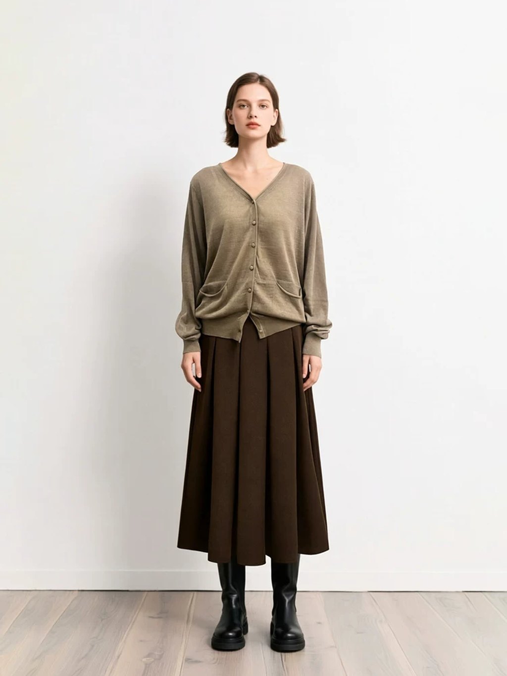 LK-128 Tencel Cardigan — ribbed, V-neck, lantern sleeve, buttoned view 4