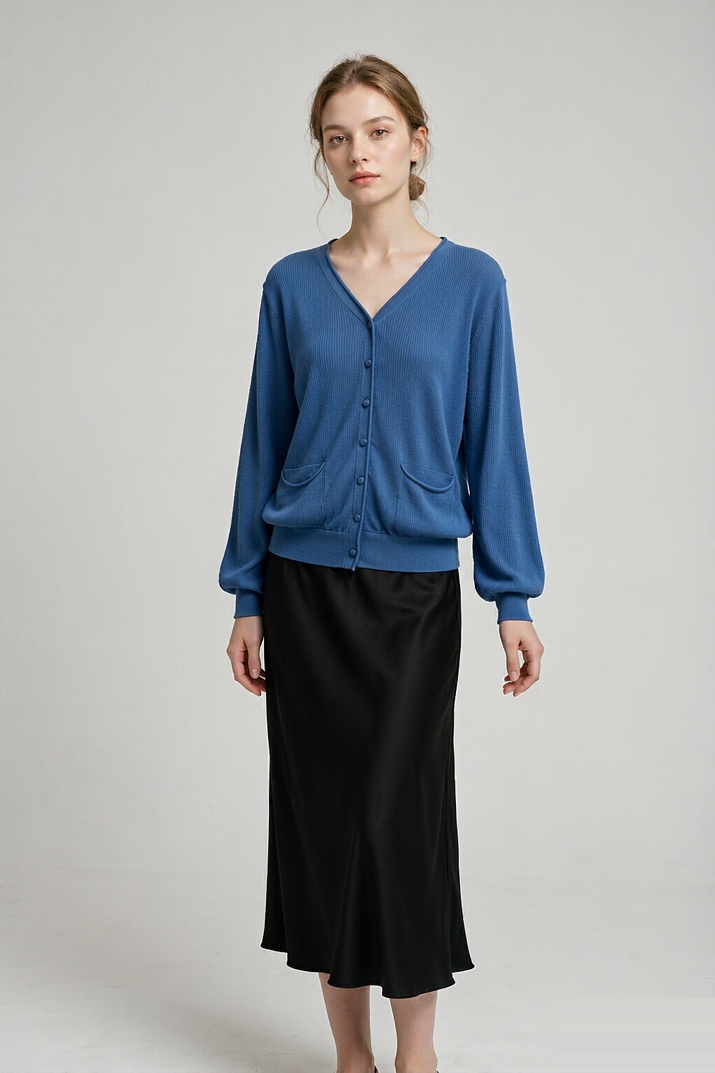 LK-128 Tencel Cardigan — ribbed, V-neck, lantern sleeve, buttoned