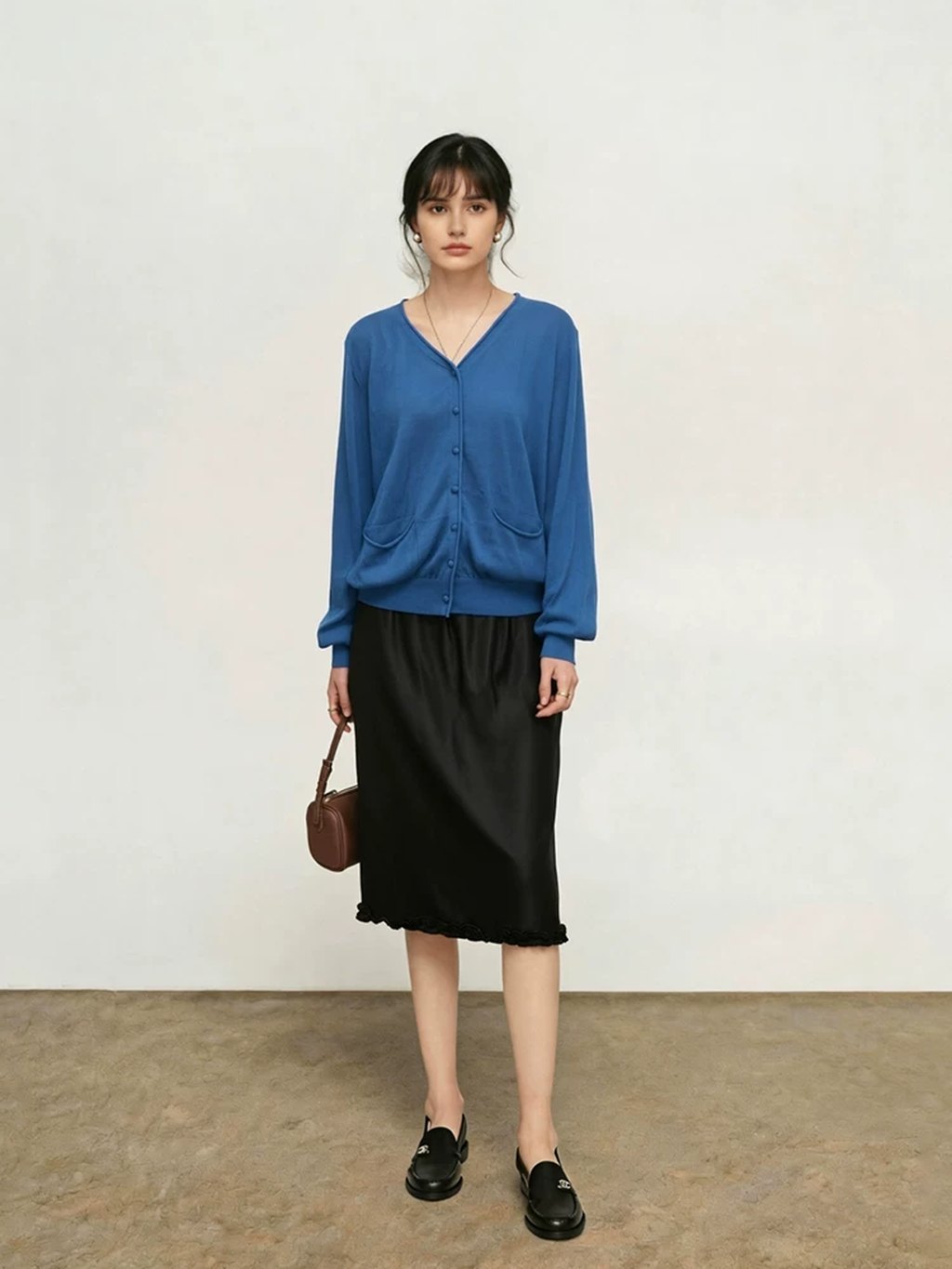 LK-128 Tencel Cardigan — ribbed, V-neck, lantern sleeve, buttoned
