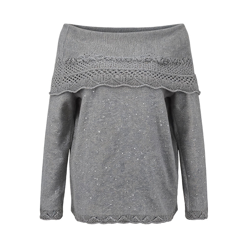 LK-129 Wool Knit Sweater — openwork, lace-trimmed, slash neck, loose fit view 2