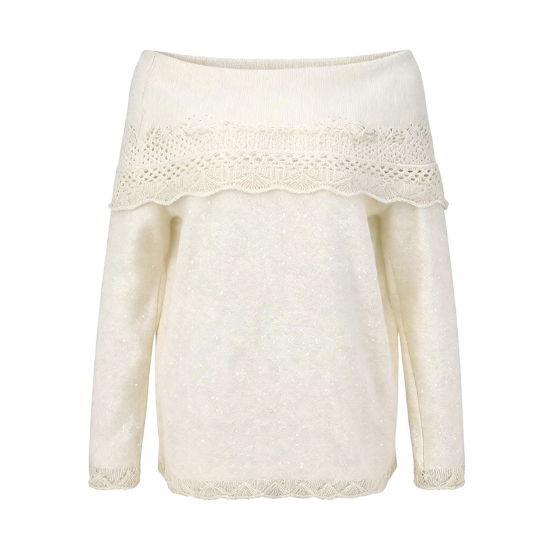 LK-129 Wool Knit Sweater — openwork, lace-trimmed, slash neck, loose fit view 3
