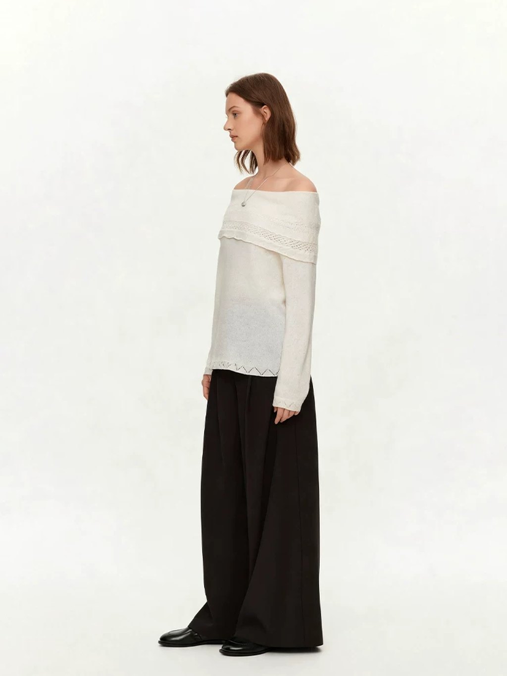 LK-129 Wool Knit Sweater — openwork, lace-trimmed, slash neck, loose fit detail